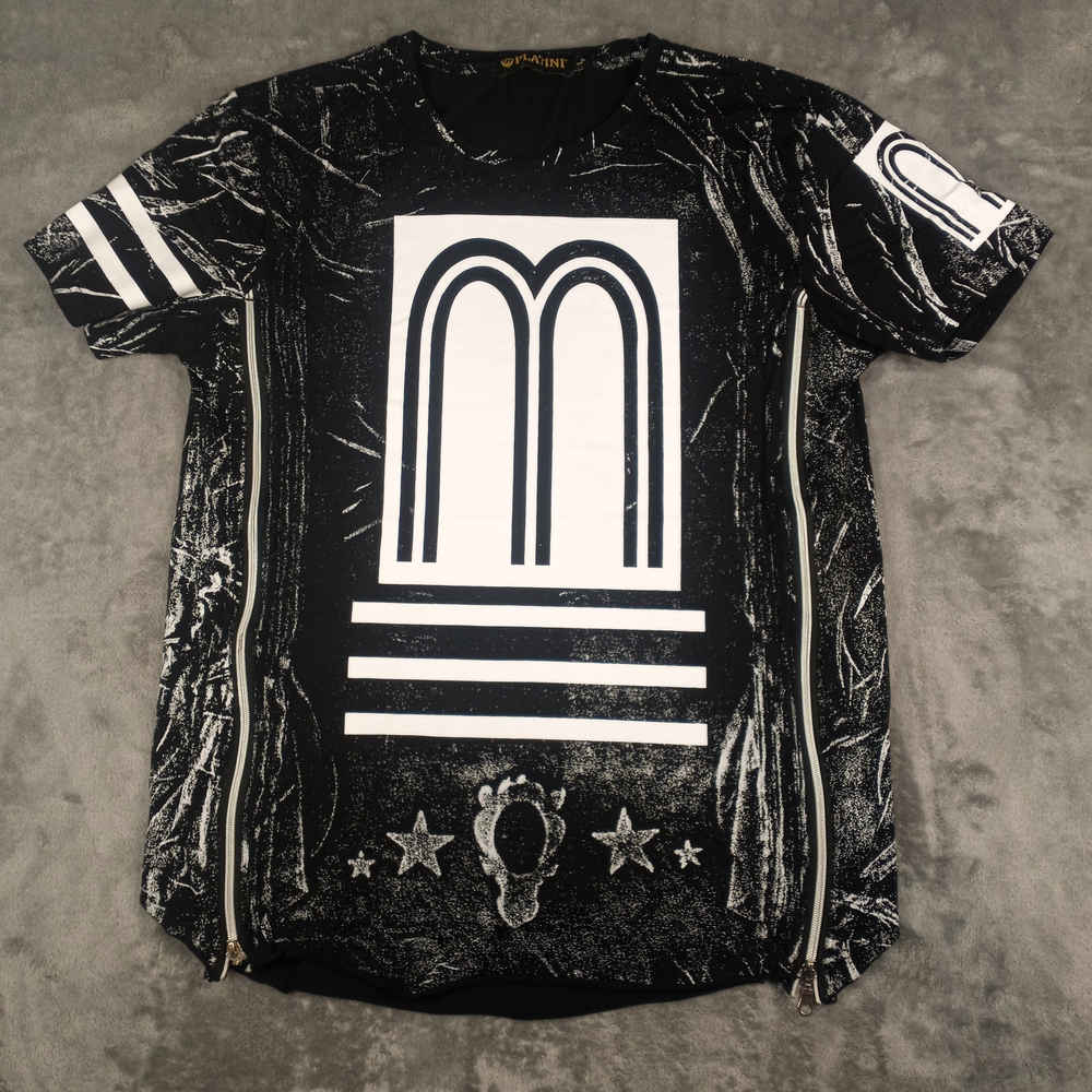 Platini Men's Black Graphic Zip-Accent T-shirt with White Print Size Large
